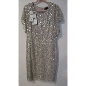 Papell Studio Womens Sz 14 Flutter-Sleeve Sheath Beaded Dress Silver Elegant
